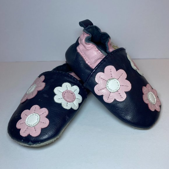 Baby Leather Slippers Floral Navy Blue & Pink 0-6 months - Picture 2 of 5